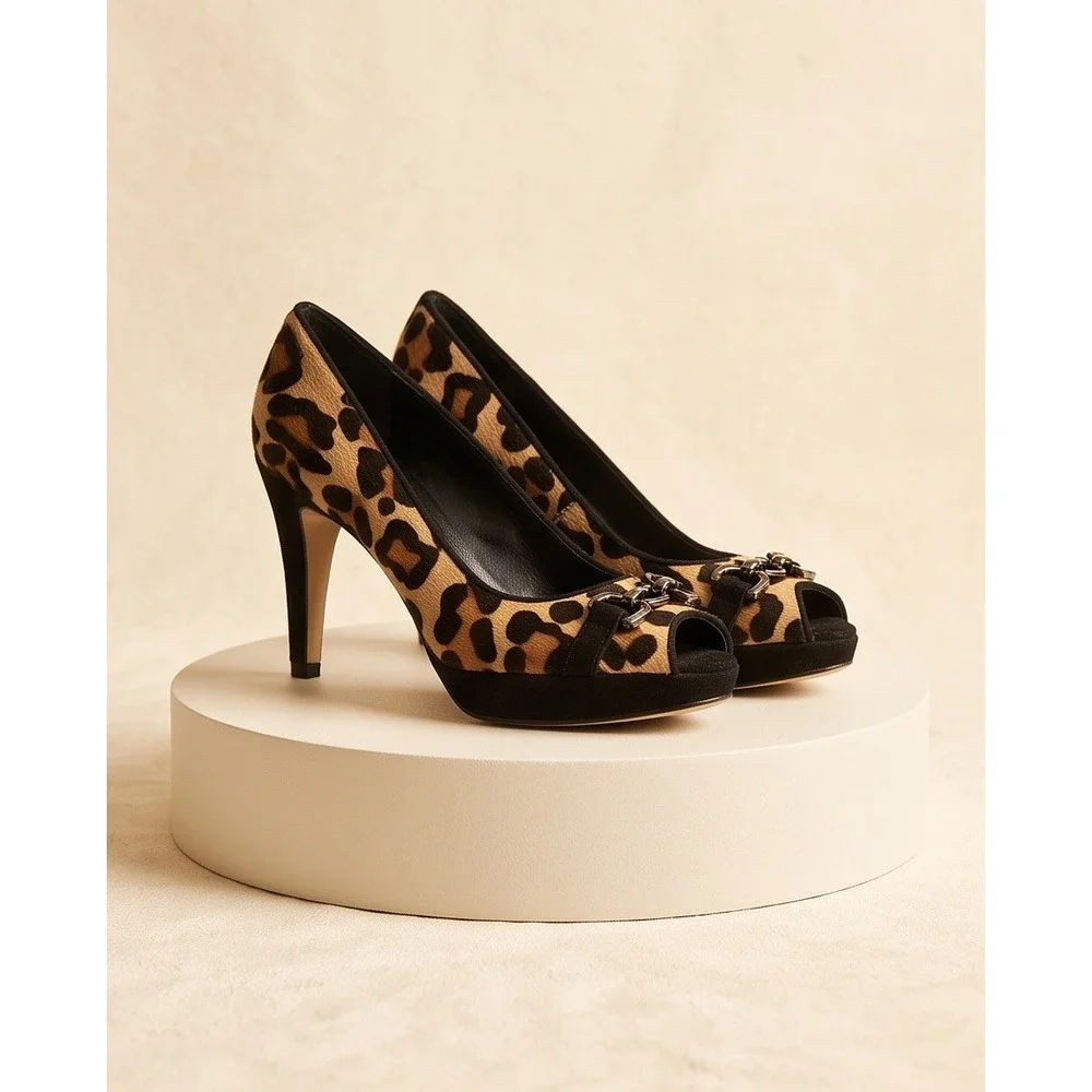Chico's 7M Leopard Print Calf Hair‎ Peep Toe Platform Pumps Heels Y8-003